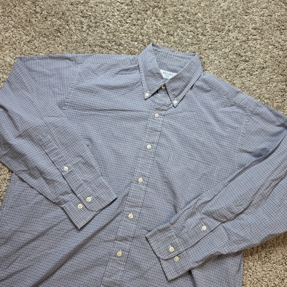 Brooks Brothers 346 Shirt Mens 15.5 32/33 Cotton Gingham Blue White Preppy Shirt